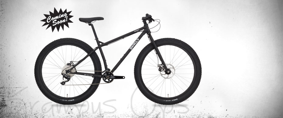 Surly Krampus Ops bike - black - right side view - faded white background with a Coming Soon burst