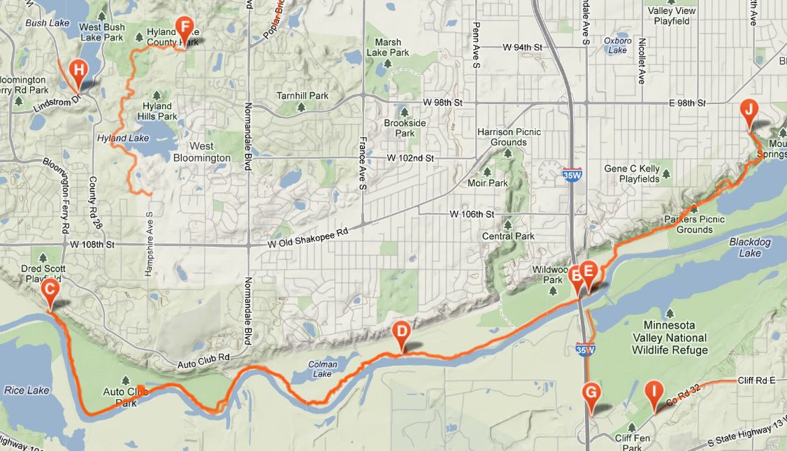 An illustrated map of the Minnesota river bottom bike trails