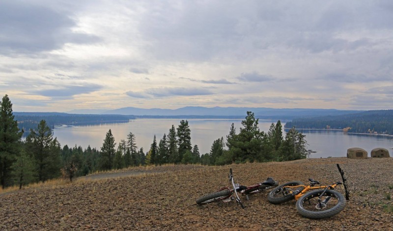 Two Surly bikes, laying down on a rocky hilltop, overlooking pine trees with a lake behind them