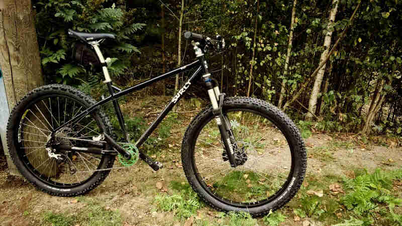 Right side view of a black, Surly Troll bike, standing in grass and dirt, with the woods in the background