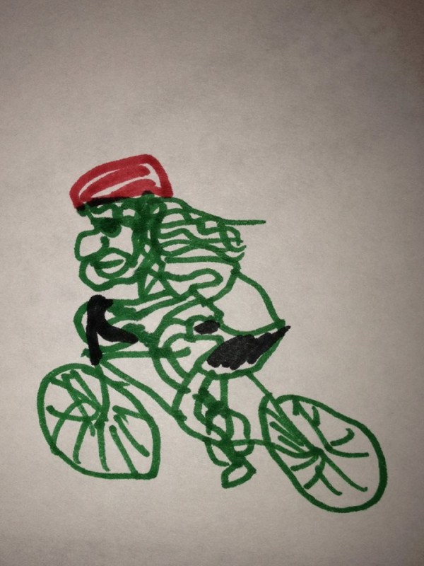 A line drawing of a cyclist on bike, done with markers on white paper