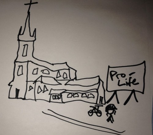 A line drawing of a church, with cyclist and bike next to it, done with markers on white paper