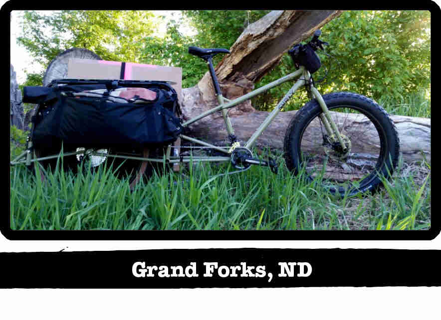 Right profile of a Surly Big Fat Dummy bike, olive, in tall grass against a downed tree - Grand Fork, ND tag below image