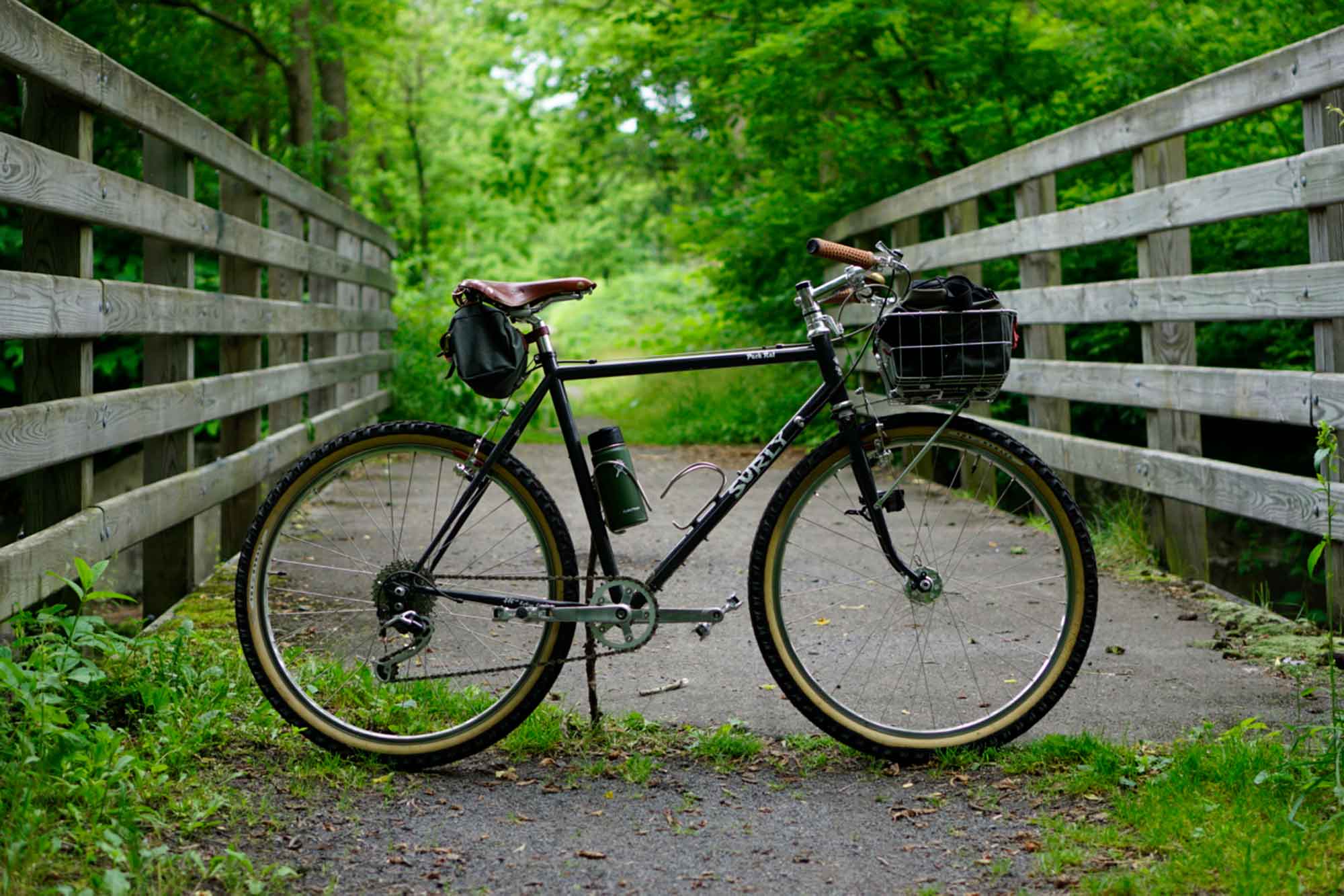 Right side view of Surly Pack Rat bike with front basket, parked on a paved trail bridge in the woods