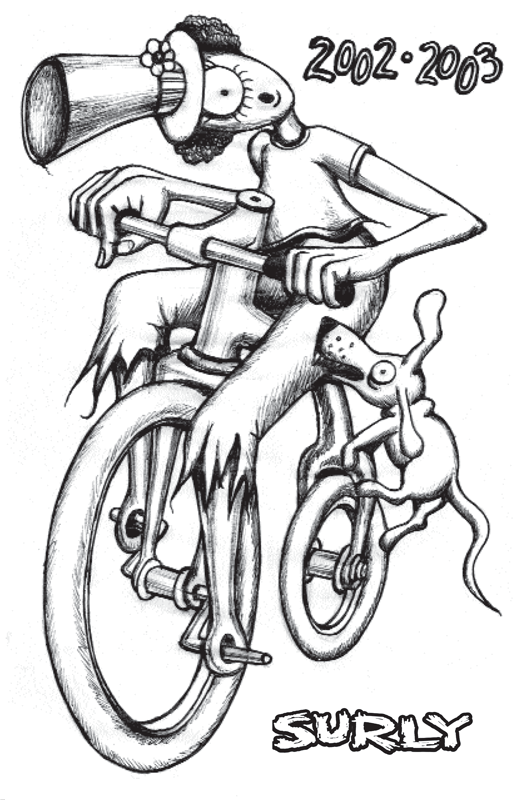 Surly Bikes 2003 catalog cover - black text with a pencil drawing of an animated, cyclops person on a bike-black & white