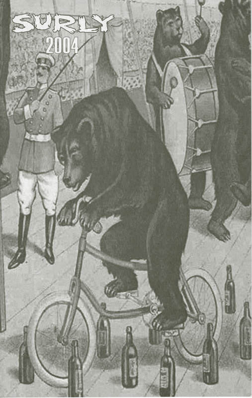Surly Bikes 2004 catalog cover - an animated drawing of a bear riding a bike in a circus - black & white