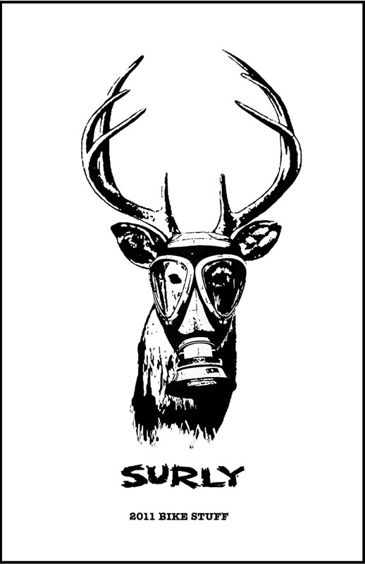 Surly Bikes - 2011 Catalog Cover - Black and white drawing of a white tail deer, wearing a gas mask