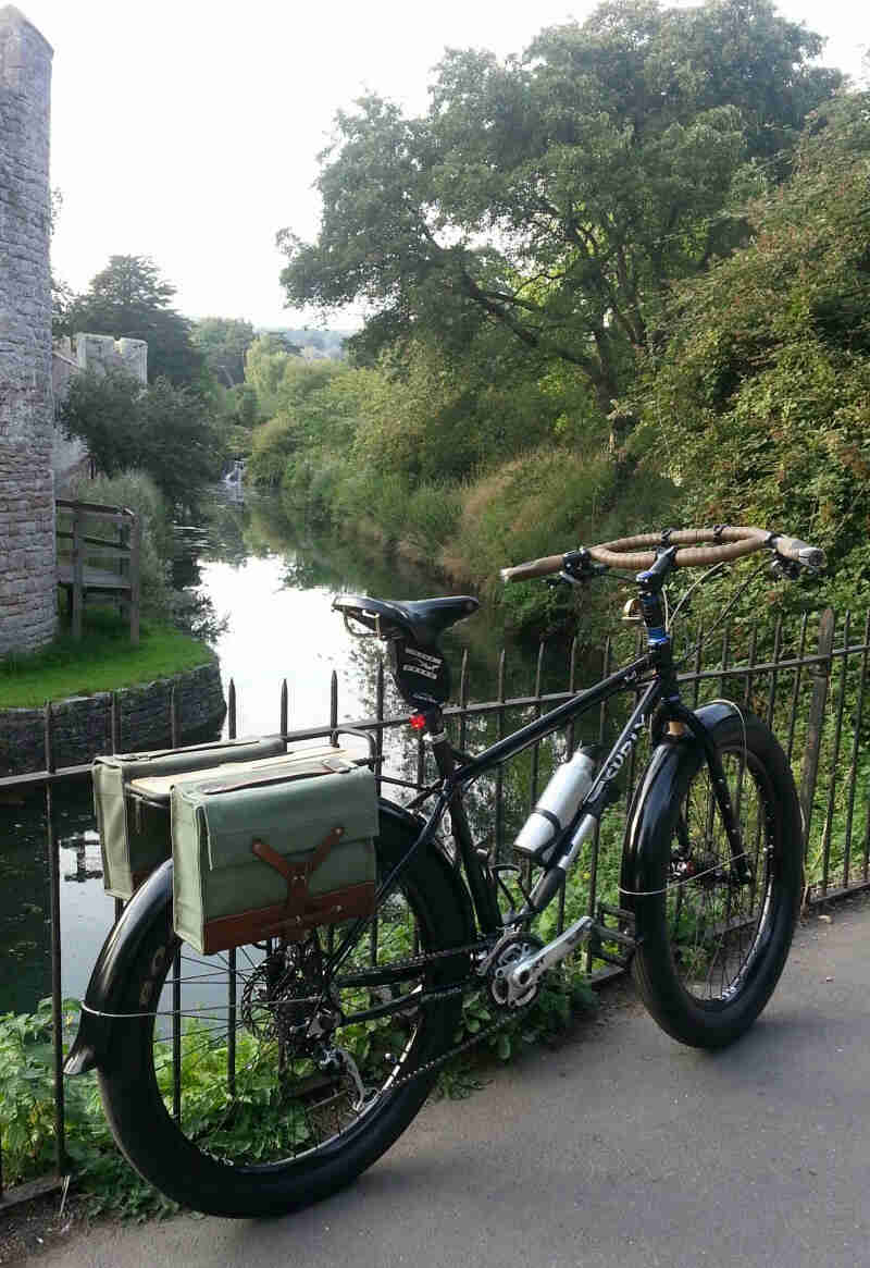 Rear right side view of a black Surly Troll bike, leaning on a iron fence, with a river below in the background
