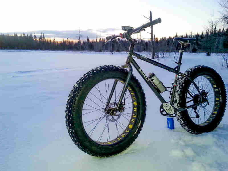Left side, angle view of a dark green Surly fat bike, parked in a snow covered field with a tree line in background
