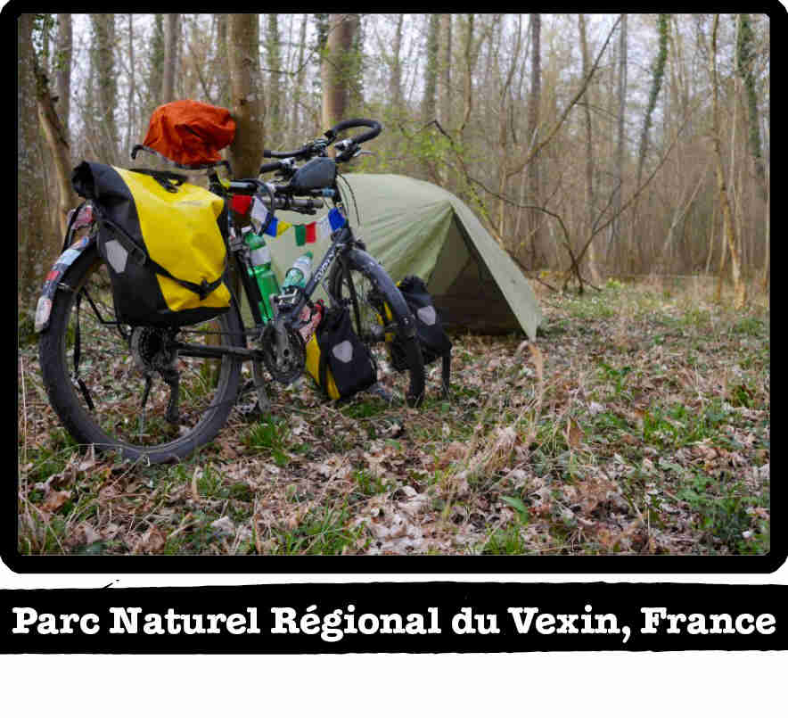 Right side rear view of a Surly bike with gear, in the woods - Parc Naturel Regional du Vexin, France tag below image