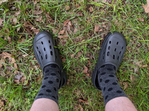 Downward view of two legs wearing gear socks and Crocs standing in grass