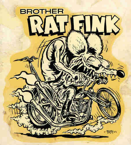 Animated illustration of a sharp-toothed rat, riding a chopper motorcycle, and the words, Brother Rat Fink, on top