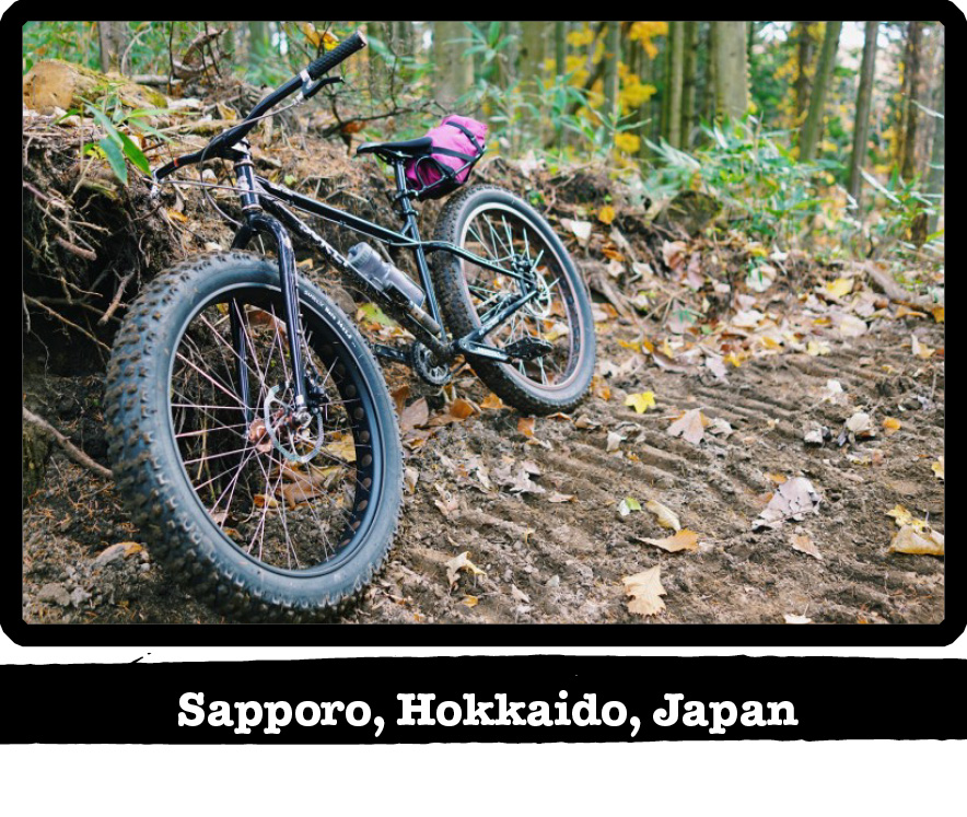 Front view of a Surly bike leaning on a dirt mound next to a woodsy trail-Sapporo, Hokkaido, Japan banner below image