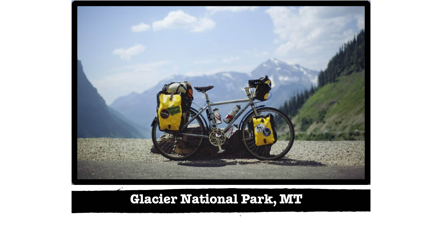 Right view of Surly Trucker bike on the edge of a road in the mountains - Glacier National Park, MT tag below image