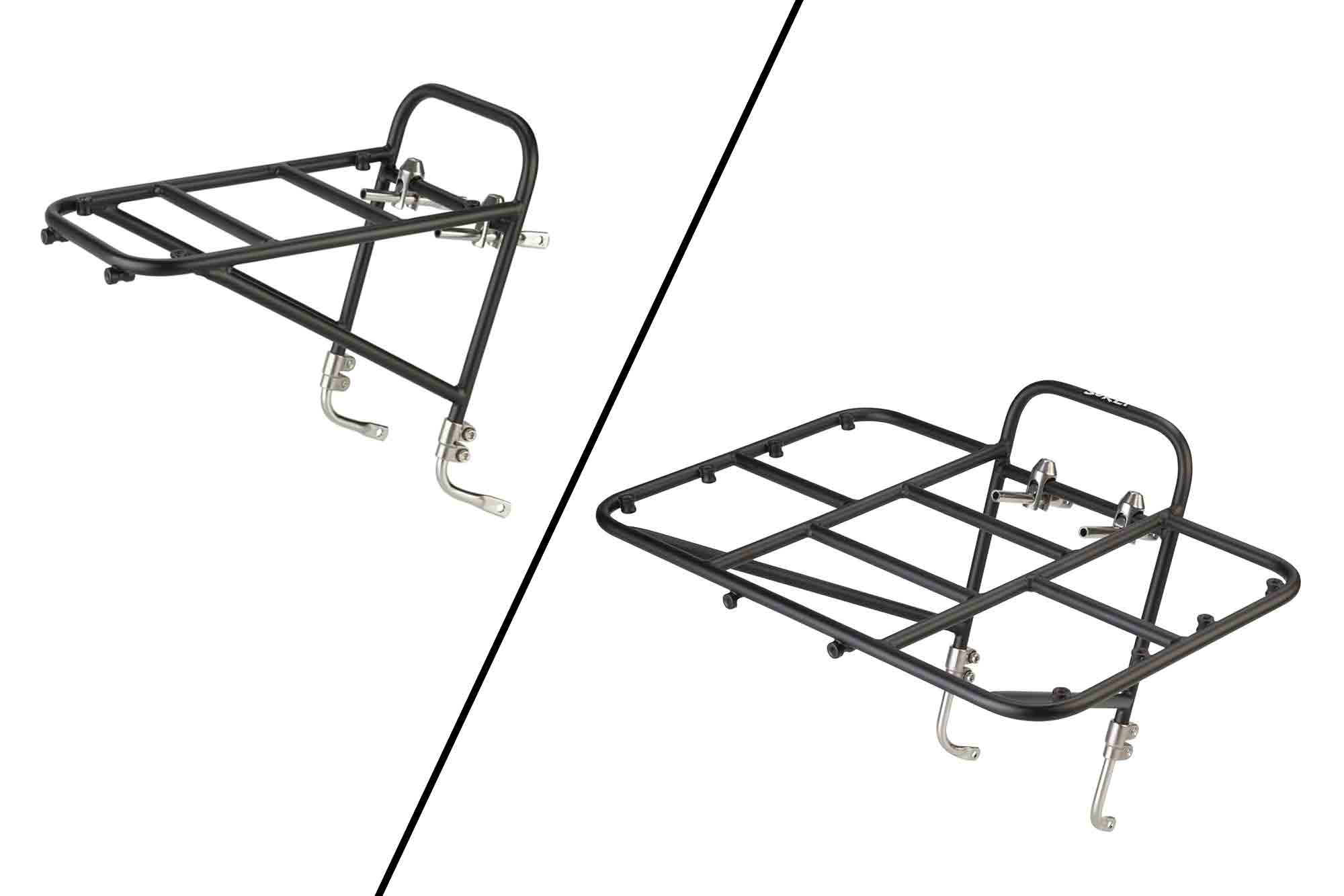 Right angled profile view of Surly 8 and 12 Rat Pack bike gear rack, black, separated with an angled line