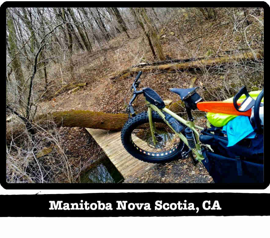 Rear view of a Surly Big Fat Dummy bike, green, in front of a trail bridge - Manitoba Nove Scotia, CA tag shown below