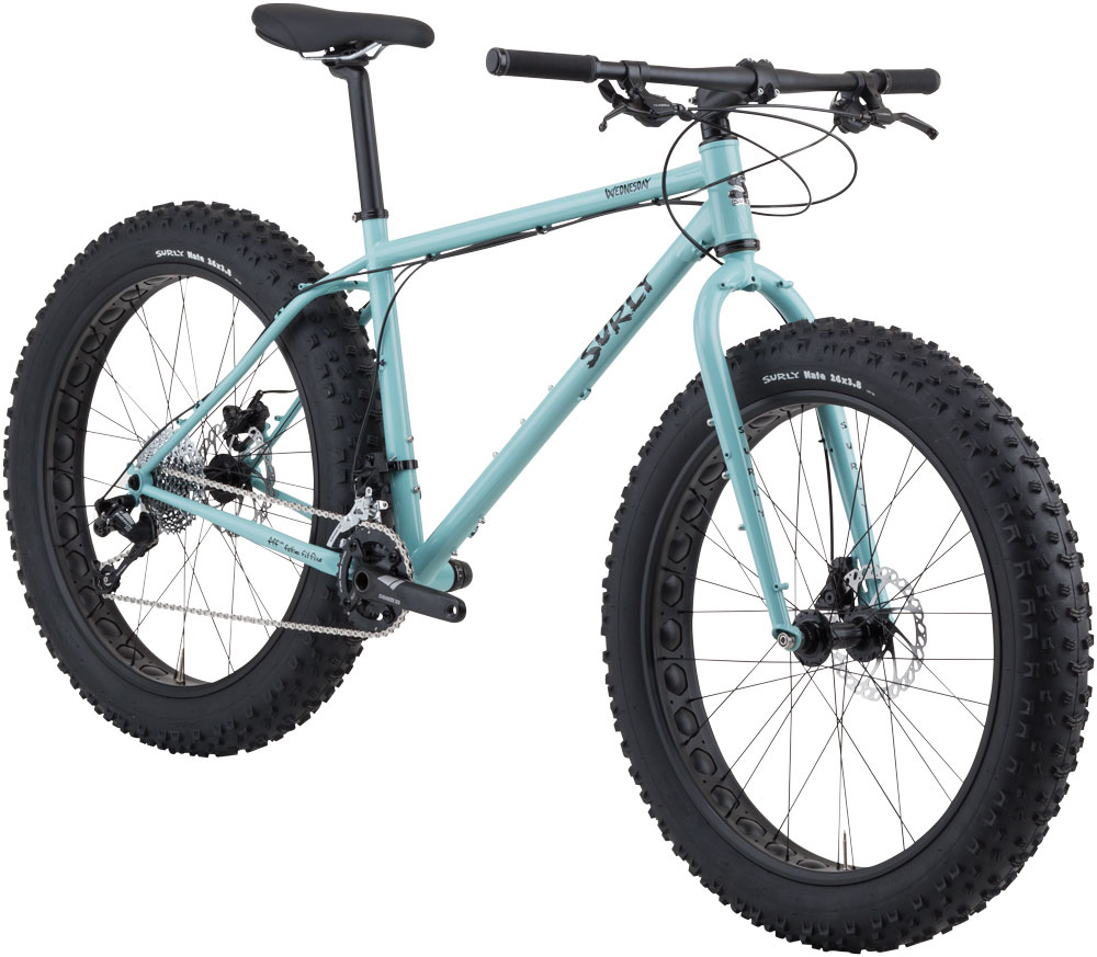 Surly Wednesday fat bike - light blue - front angled, right side view