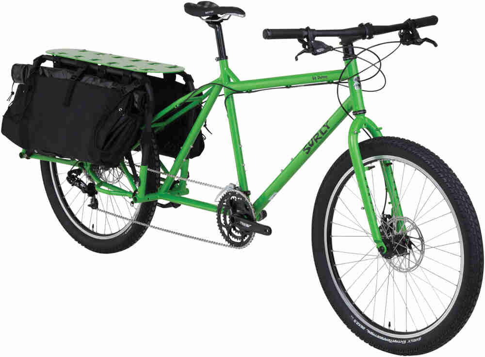 Surly Big Dummy bike - day glow green - angled right front view - against a white background