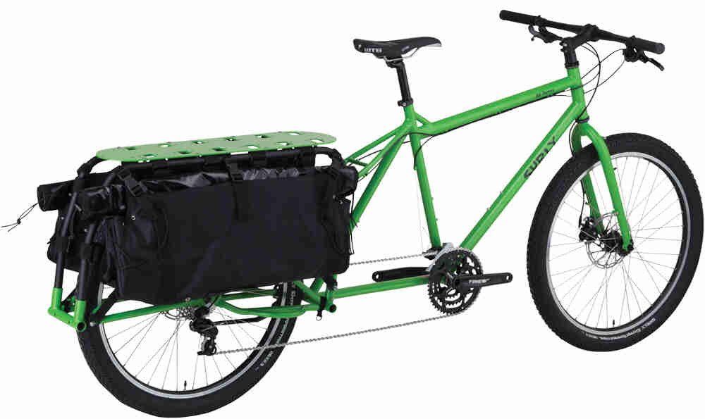 Surly Big Dummy bike - day glow green - angled right rear view - against a white background