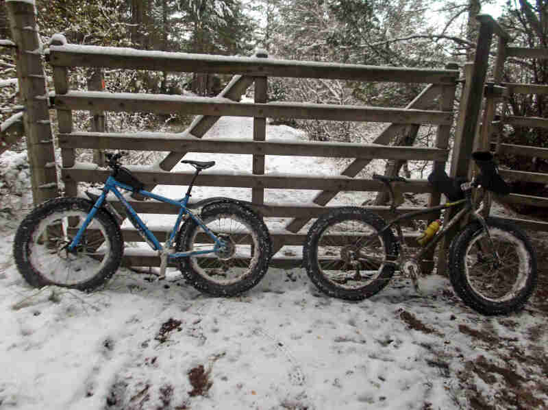 Side view of 2 Surly fat bikes, parked on a snow covered road, facing opposite directions, against a closed gate