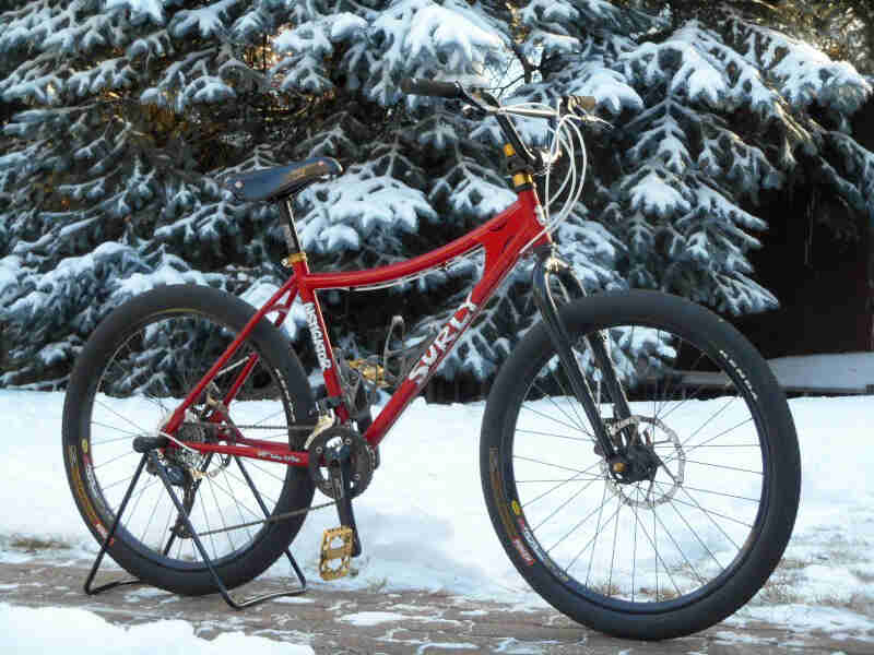 Right side view of a Surly Instigator, red, on a stone sidewalk, with a snowy area and trees in the background