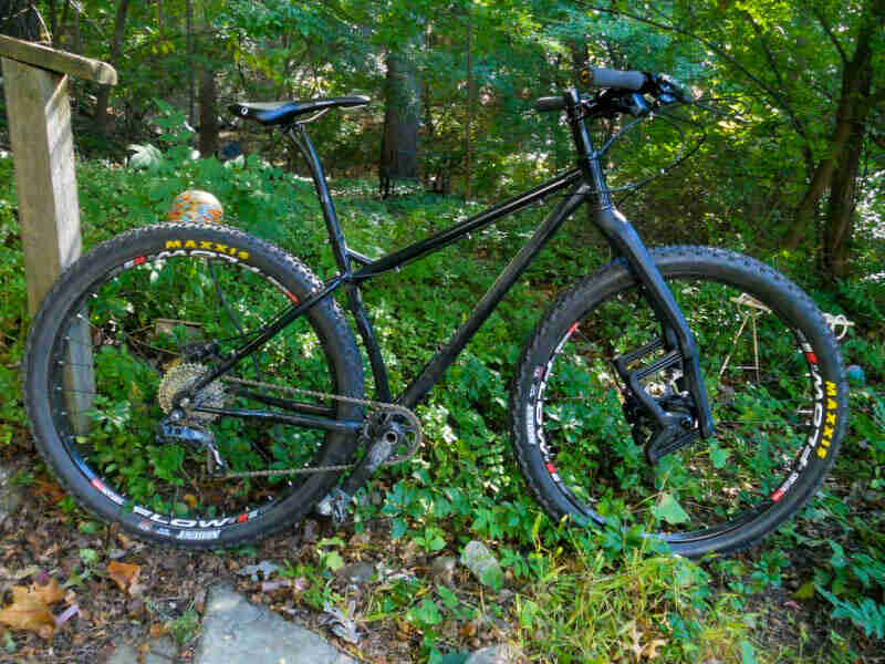 Right side view of a black bike, parked on weeds on the woods