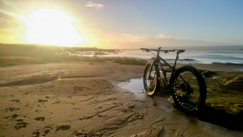 Left rear view of a Surly Krampus bike, on a sandy seashore, with the sun on the horizon in the background
