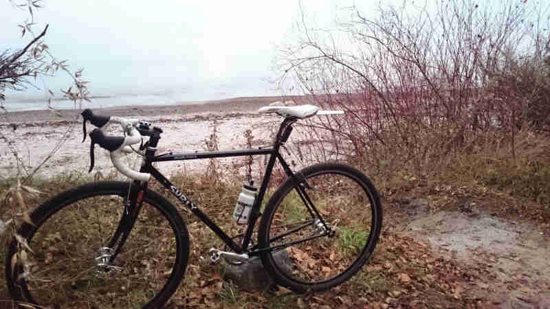 Left side view of a black Surly Cross Check bike, parked on a grass hilltop, with a seashore in the background
