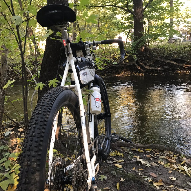 Rear view of a Surly Midnight Special bike facing across a stream in the trees