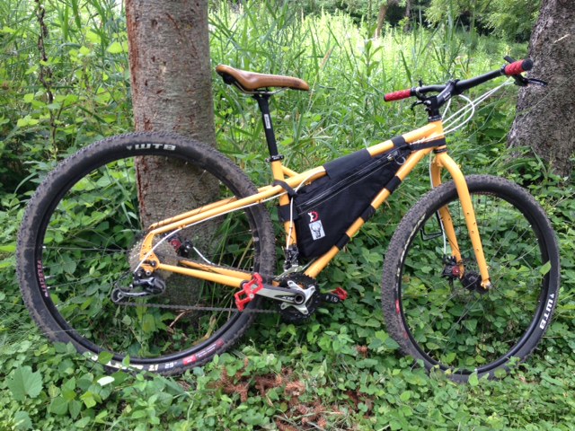 Right side view of a yellow Surly ECR bike with a frame bag, leaning against a tree in the grassy woods