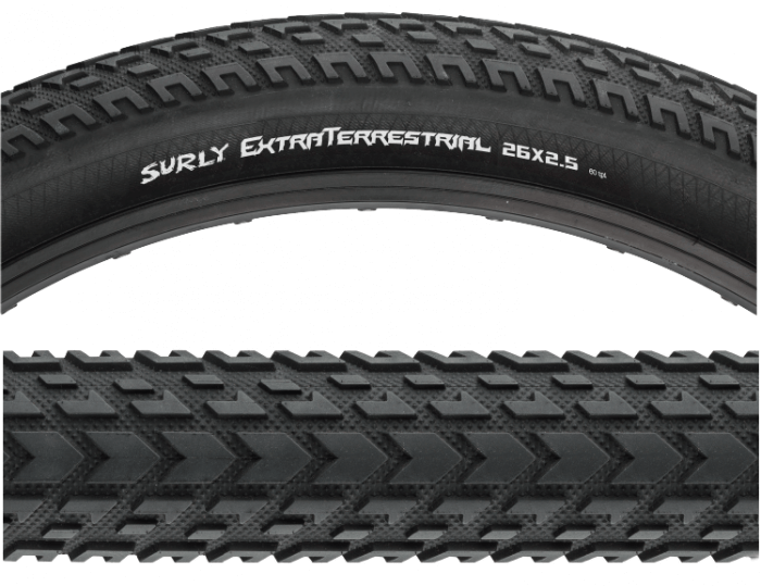 Surly ExtraTerrestrial tire - 2 Cropped sections - (Top image) Side detail - (Bottom image)Tread detail