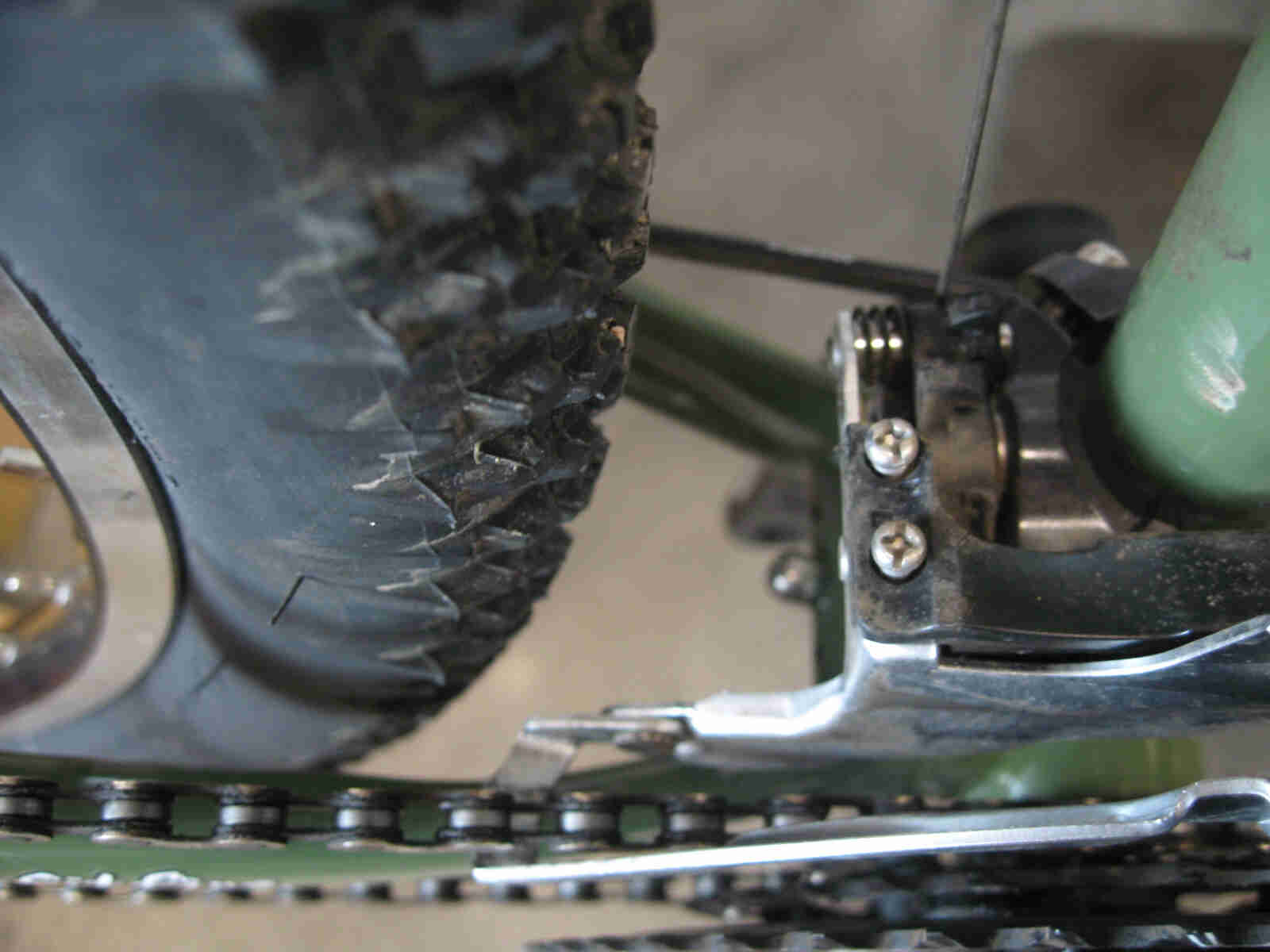 Surly Ogre bike - green -  crank and front derailleur detail - drive side close up view