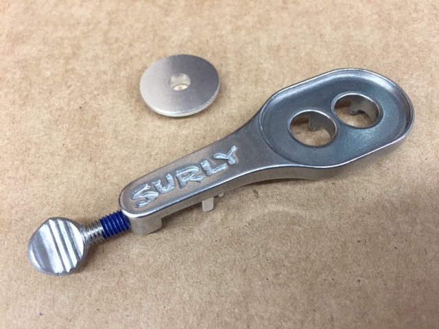 Surly Hurdy Gurdy chain tensioner for Cross Check bike - downward, outside part view - silver