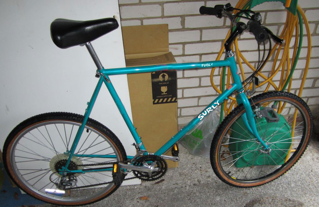 Right side view of a teal Surly bike parked in a garage
