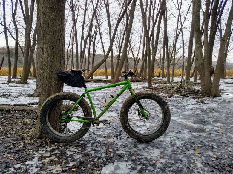 Surly Ice Cream Truck fat bike, green, with seat pack and water bottle leans against a tree in the woods on an icy patch