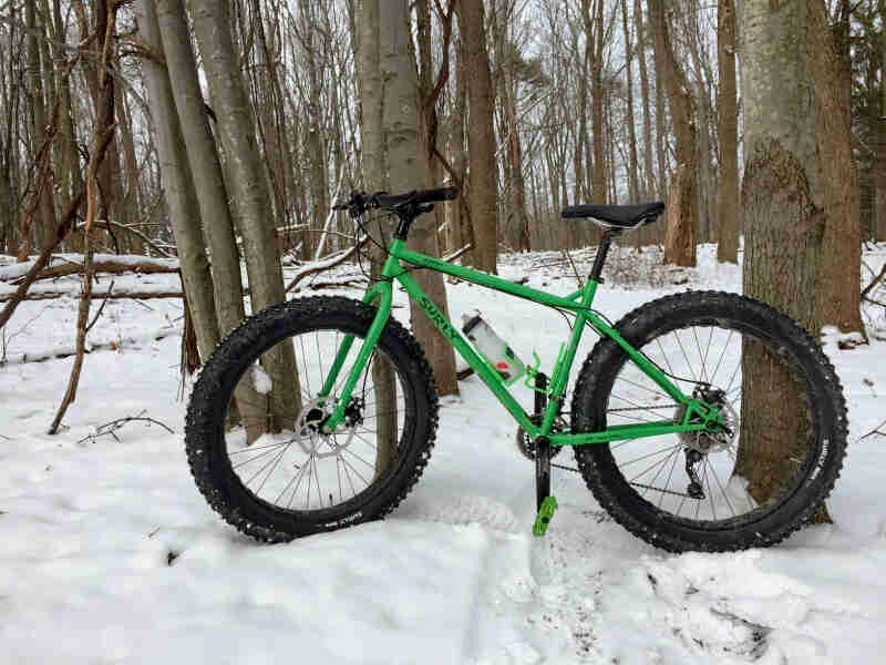 Left side view of a green Surly fat bike, parked against a tree in a snow covered forest