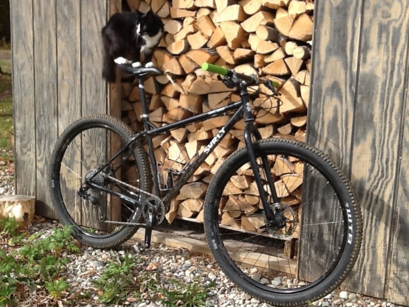 Right side view of a black Surly Karate Monkey bike with a cat on the seat, leaning against a stack of split wood