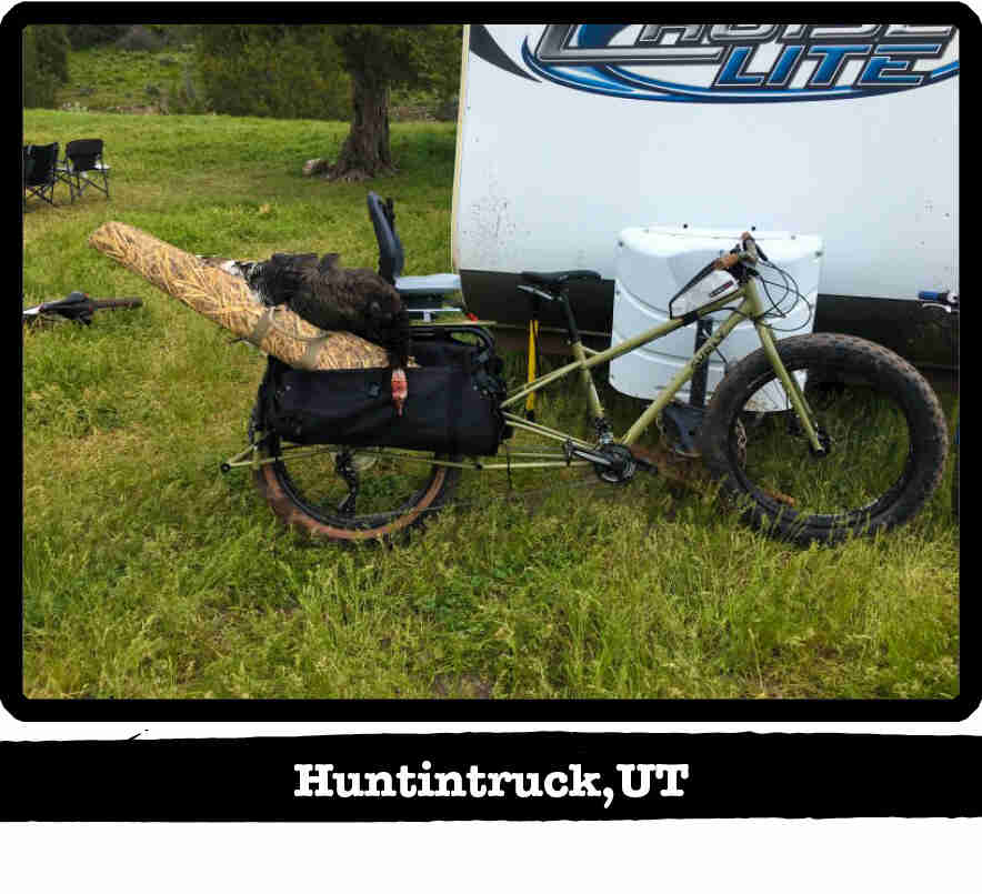 Right side view of a Surly Big Fat Dummy bike, green, on grass in front of a camper - Huntintruck, UT tab below image