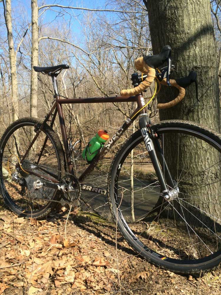 Right side view of a brown Surly Cross Check bike, parked on leaves against a tree in the woods