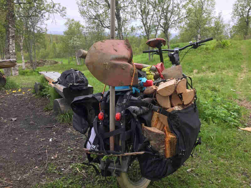 Rear view of a Surly Big Dummy bike, loaded with camping gear, parked at a campsite in a grassy field with trees