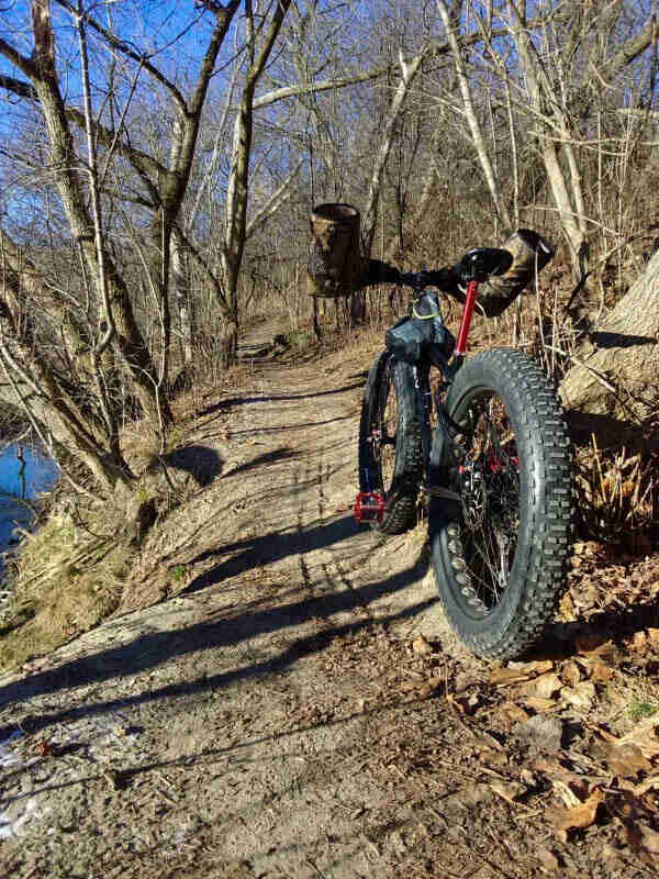 Rear of fat bike with handlebar hand protectors, on a dirt trail on top of a riverbank in the woods