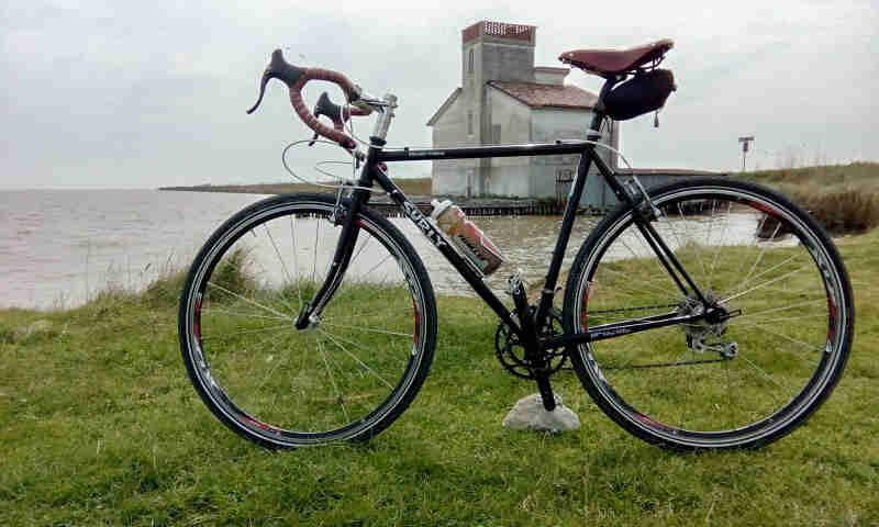 Left side view of a black Surly Cross Check bike, parked on a grass field, next to a bay, with a building across the bay