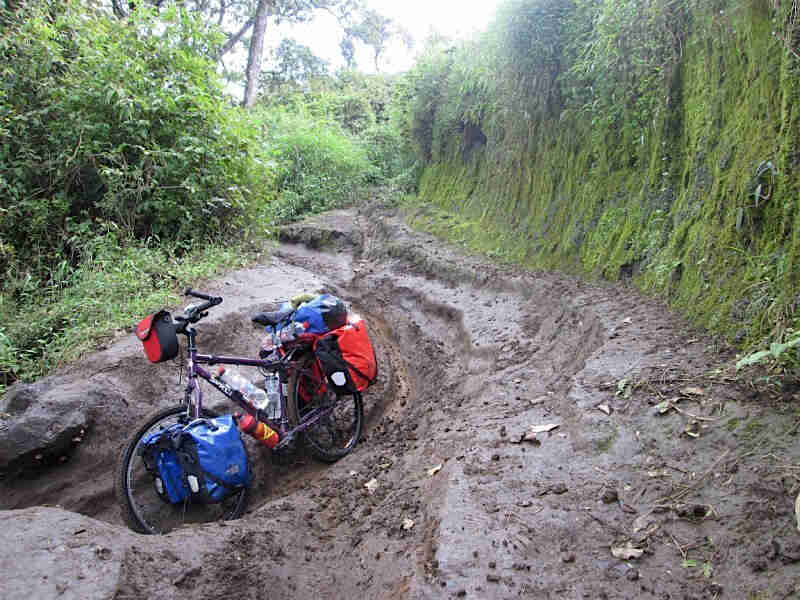 Front left view of Surly Troll bike, in a muddy trench, with a green cliff on one side and weeds on the other