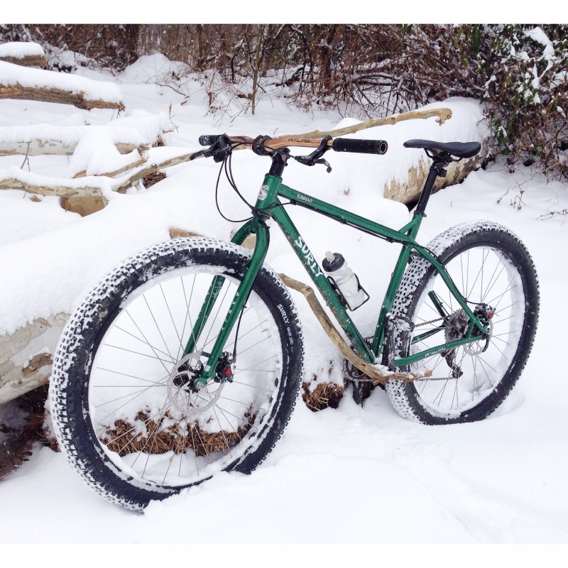 Left side view of a green Surly Krampus bike, on snow covered ground, next to a downed tree and bushes behind
