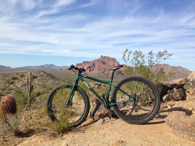 Left side view of a green Surly Krampus bike, on dirt mound in a brushy desert, with mountains in the background