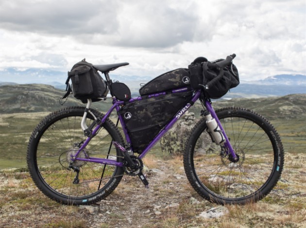 Right side view of a purple Surly bike loaded with gear stands on a grass and rock field in the mountains