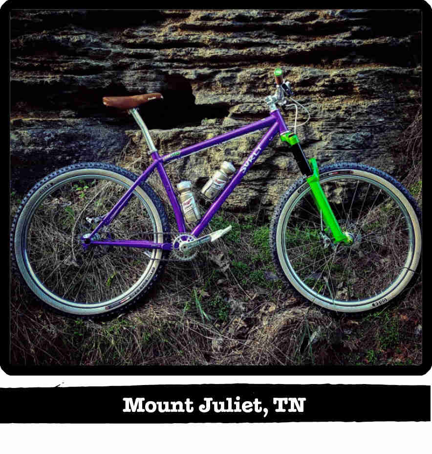 Right profile of a Surly Karate Monkey bike, purple, in front of a cliff wall - Mount Juliet, TN tag below image