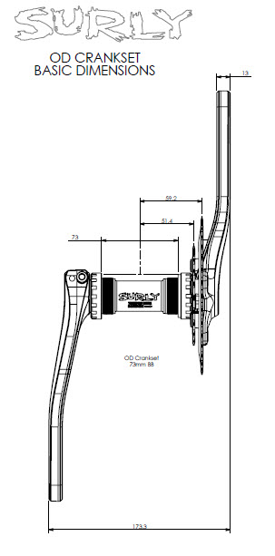 Engineering drawing of a Surly OD Crankset - basic dimension detail - chainline view