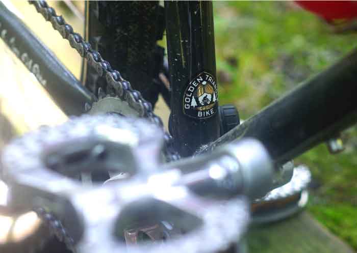 Zoom in of a bike, showing the pedal and seat tube with a Golden Triangle Bike sticker