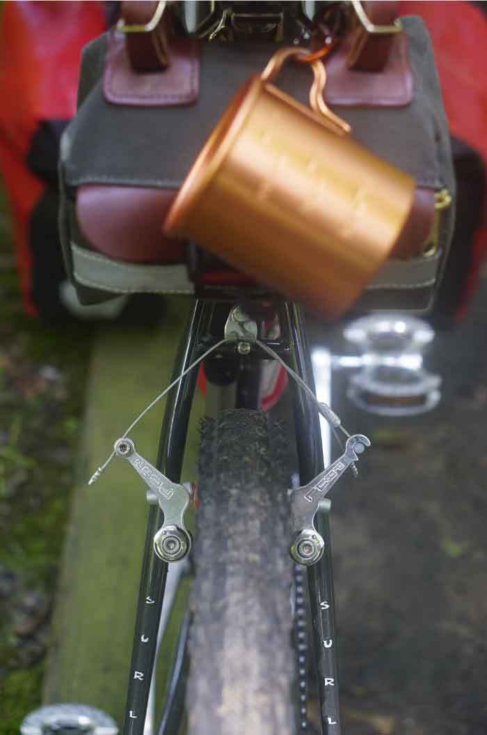 Rear end of Surly Pack Rat bike, showing seat stay with brake and tire, and a cup clipped to a seat bag